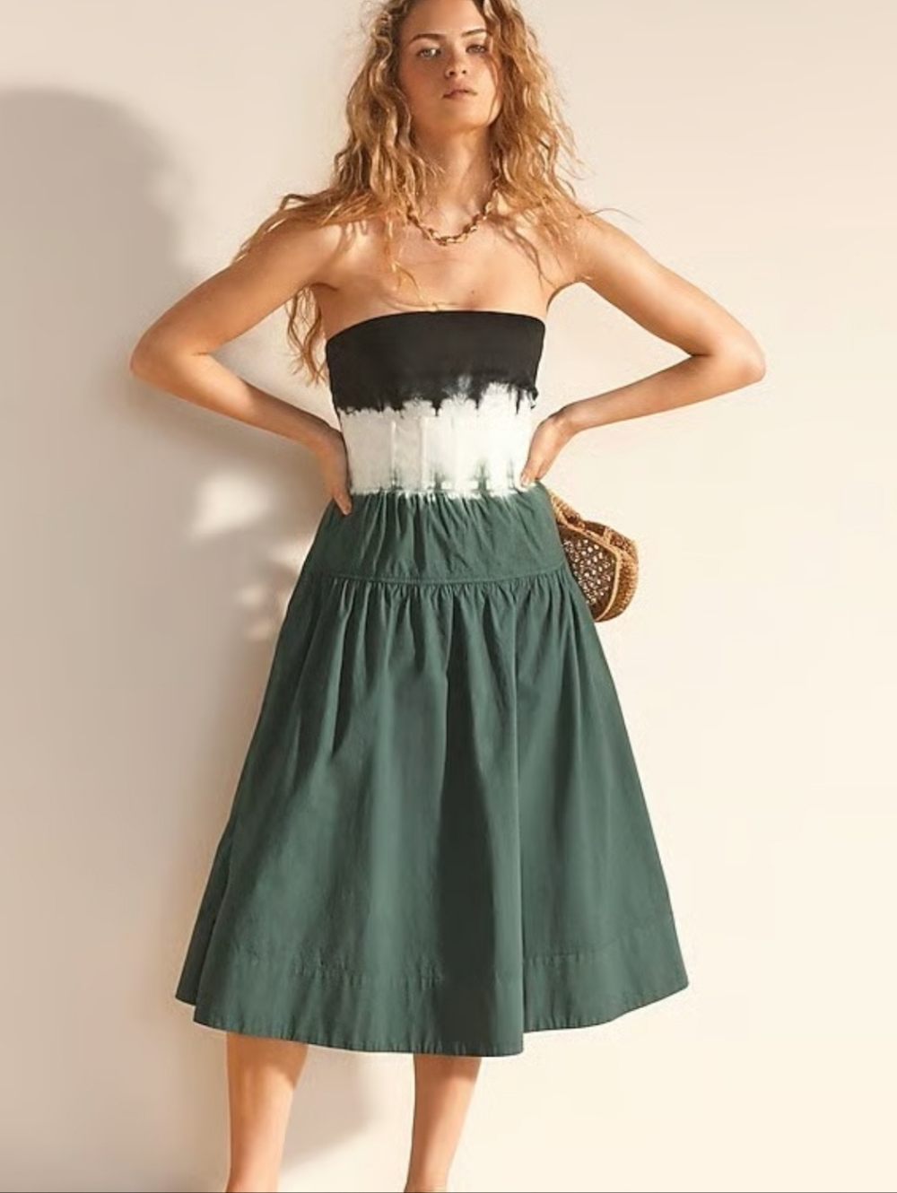 J. Crew Strapless Green Midi Skirt Dress with Tie-Dye Bodice 4